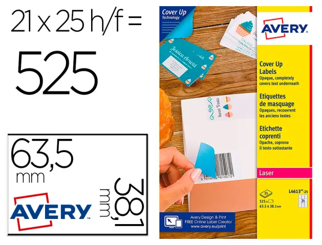 Imagen Etiqueta adhesiva avery permanente para impresora laser blanca 63,5x38,1 mm caja de 525 unidades