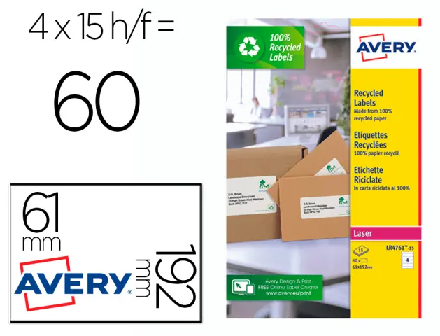 Imagen Etiqueta adhesiva avery papel blanco reciclado para archivador 192x61 mm laser pack de 400 etiquetas