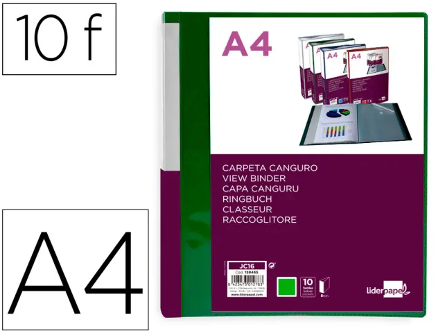 Imagen Carpeta liderpapel 10 fundas canguro pp din a4 verde translucido portada y lomo personalizable