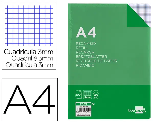 Imagen Recambio liderpapel folio 100 h 4tf-06 cuadro 3 mm 4 taladros con margen