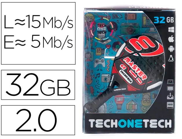 Imagen Memoria usb tech on tech raqueta padel roja 32 gb