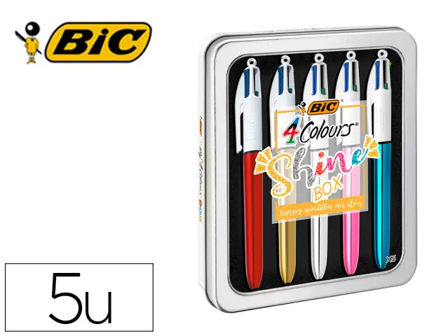 Imagen Boligrafo bic cuatro colores shine box caja metalica 5 unidades surtidas