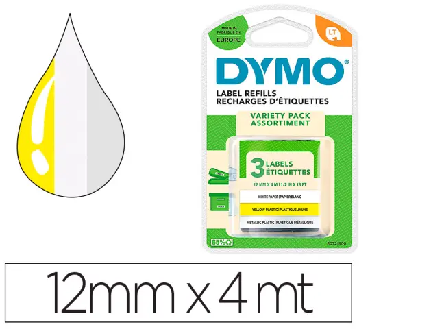 Imagen Cinta dymo metalizada letratag 12mm x 4mt papel blanco / plastico amarillo / metalica plata pack de 3