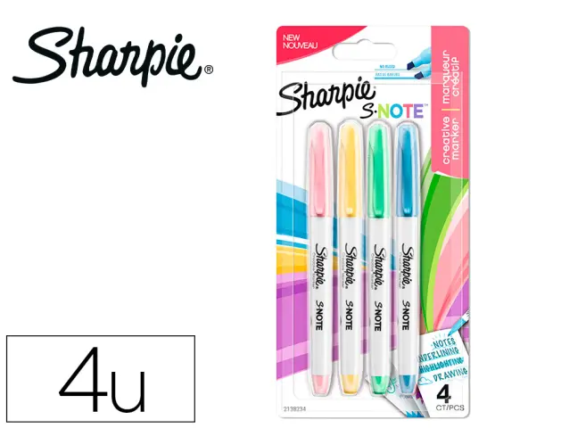 Imagen Rotulador sharpie permanente s-note punta biselada trazo 1,2 /3,87 mm blister 4 unidades colores surtidos