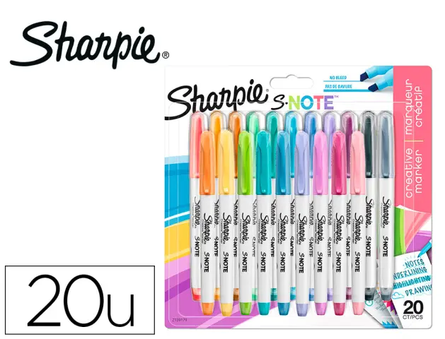 Imagen Rotulador sharpie permanente s-note punta biselada trazo 1,2 /3,87 mm blister 20 unidades colores surtidos