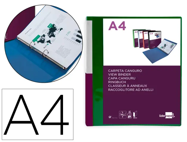 Imagen Carpeta liderpapel canguro 2 anillas 25 mm mixtas polipropileno din a4 verde translucido