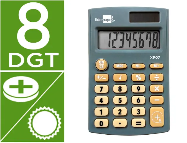 Imagen Calculadora liderpapel bolsillo xf07 8 digitos solar y pilas color gris 98x62x8 mm