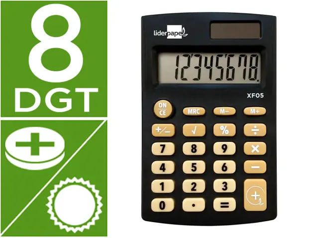 Imagen Calculadora liderpapel bolsillo xf05 8 digitos solar y pilas color negro 98x62x8 mm