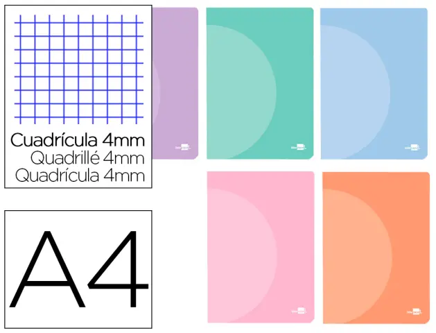 Imagen Libreta liderpapel 360 tapa de plastico a4 48 hojas 90g/m2 cuadro 4 mm con margen colores pastel surtidos