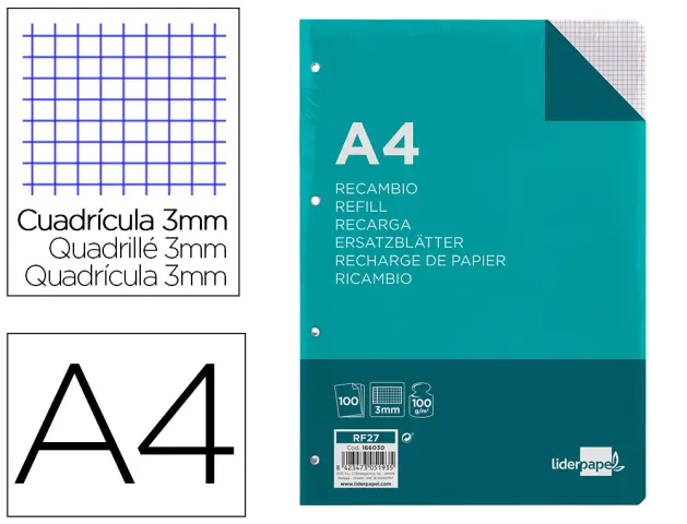 Imagen Recambio liderpapel a4 100 hojas 100g/m2 cuadro 3mm con margen 4 taladros