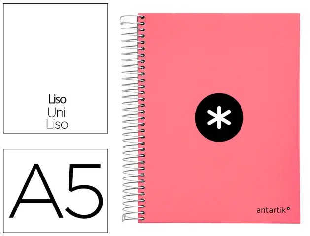 Imagen Cuaderno espiral liderpapel a5 micro antartik tapa forrada120h 100 gr liso 5 bandas 6 taladros color coral