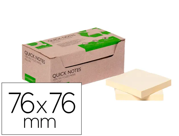 Imagen Bloc de notas adhesivas quita y pon q-connect 76x76 mm 100% papel reciclado amarillo en caja de carton