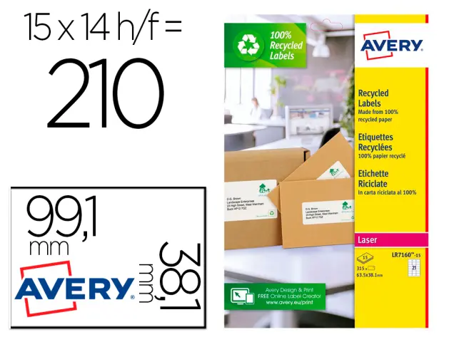 Imagen Etiqueta adhesiva avery blanca permanente reciclada 100% para impresora laser 99,1x38,1 mm caja de 210