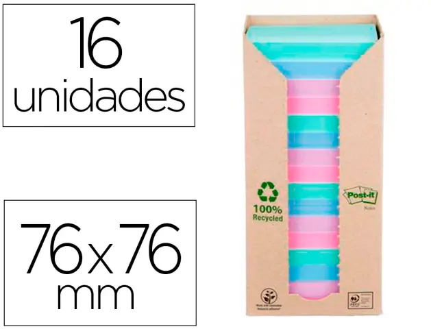 Imagen Bloc de notas adhesivas quita y pon post-it 76x76 mm 100% reciclado pefc en torre pack de 16 unidades colores