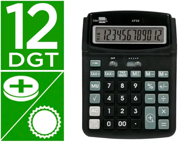 Imagen Calculadora liderpapel sobremesa xf39 12 digitos solar y pilas color negro 190x140x32 mm 40% reciclado