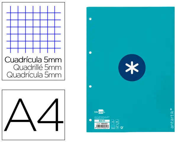 Imagen Recambio liderpapel a4 antartik 80 hojas 90g/m2 cuadro 5mm 4 taladros 1 banda con marco color turquesa