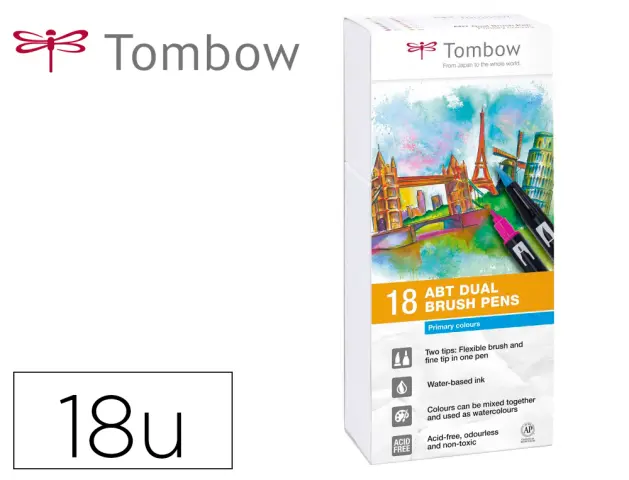 Imagen Rotulador tombow dual brush doble punta pincel colores primarios estuche de 18 unidades colores surtidos