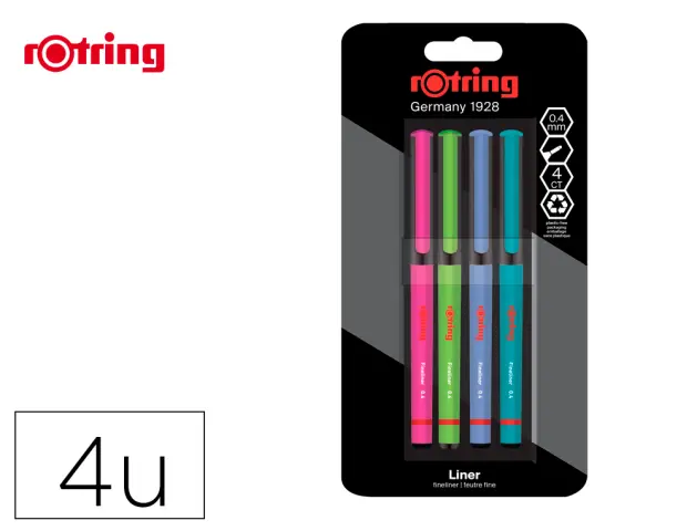 Imagen Rotulador rotring fineliner punta metalica 0,4 mm pack de 4 colores surtidos