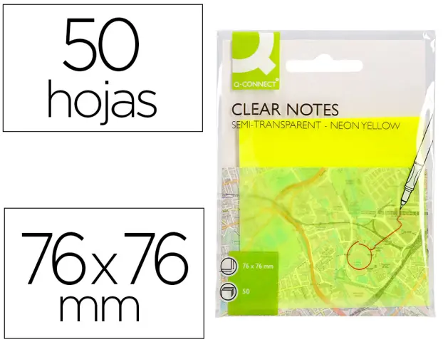 Imagen Bloc de notas adhesivas quita y pon q-connect 76x76 mm removible plastico translucido amarillo neon con