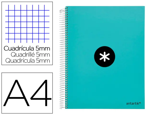 Imagen Cuaderno espiral liderpapel a4 micro antartik tapa forrada120h 100 gr cuadro 5mm 5 banda4 taladros color menta