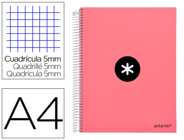 Imagen Cuaderno espiral liderpapel a4 micro antartik tapa forrada120h 100 gr cuadro 5mm 5 banda4 taladros color coral