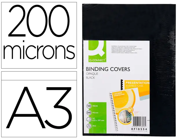 Imagen Tapa de encuadernacion q-connect pvc din a3 opaca negra 200 mc caja de 100 unidades