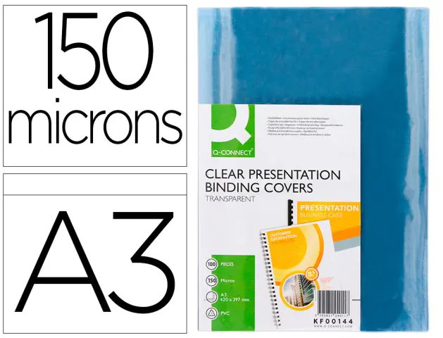 Imagen Tapa de encuadernacion q-connect pvc din a3 incolora 150 mc caja de 100 unidades
