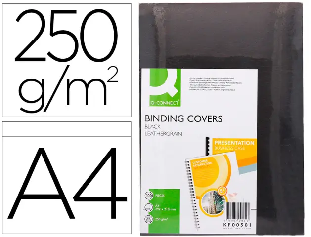 Imagen Tapa de encuadernacion q-connect carton din a4 negro simil piel 250 gr caja de 100 unidades