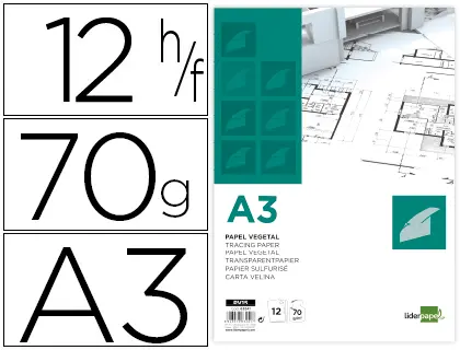 Imagen Papel dibujo liderpapel a3 297x420mm 70g/m2 vegetal sobre de 12 hojas