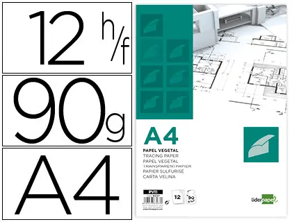 Imagen Papel dibujo liderpapel a4 210x297mm 90g/m2 vegetal sobre de 12 hojas