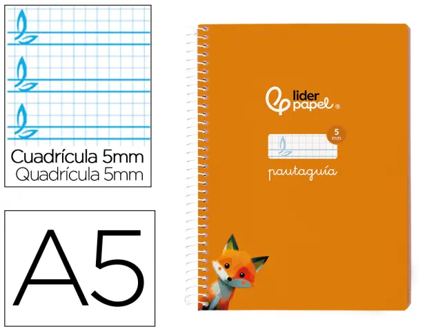 Imagen Cuaderno espiral liderpapel di n a5 pautaguia tapa blanda 40h 75 gr cuadro pautado 5mm color naranja